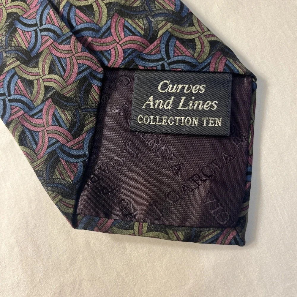 J‎ Garcia Blue Silk Tie Collection 10 Curves and Lines Print Geometric Short